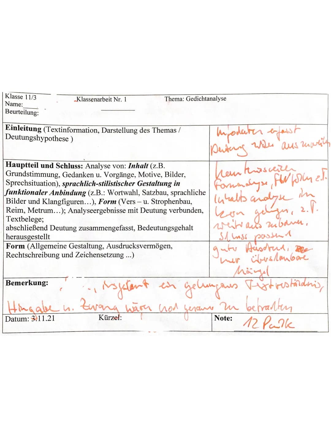 Klasse 11/3
Name:
Beurteilung:
Einleitung (Textinformation, Darstellung des Themas/
Deutungshypothese)
Klassenarbeit Nr. 1
Hauptteil und Sch