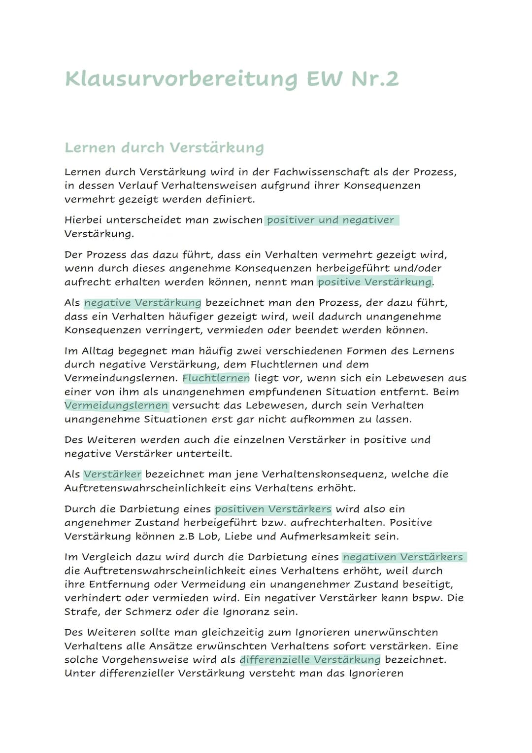 Klausurvorbereitung EW Nr.2
Lernen durch Verstärkung
Lernen durch Verstärkung wird in der Fachwissenschaft als der Prozess,
in dessen Verlau