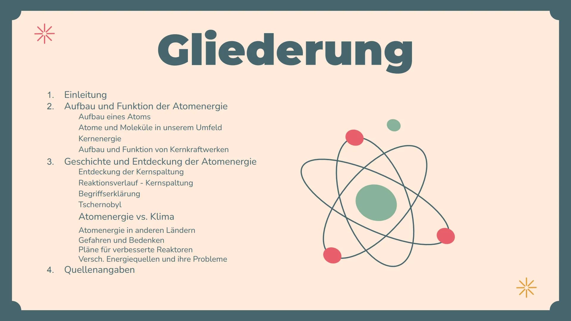 Hb
0
ATOMENERGIE
Von Annemarie Hebert, Charlyn Seubert
und Nadja Daszek
*
O
+
Å
+
0
+ *
Gliederung
1. Einleitung
2. Aufbau und Funktion der 