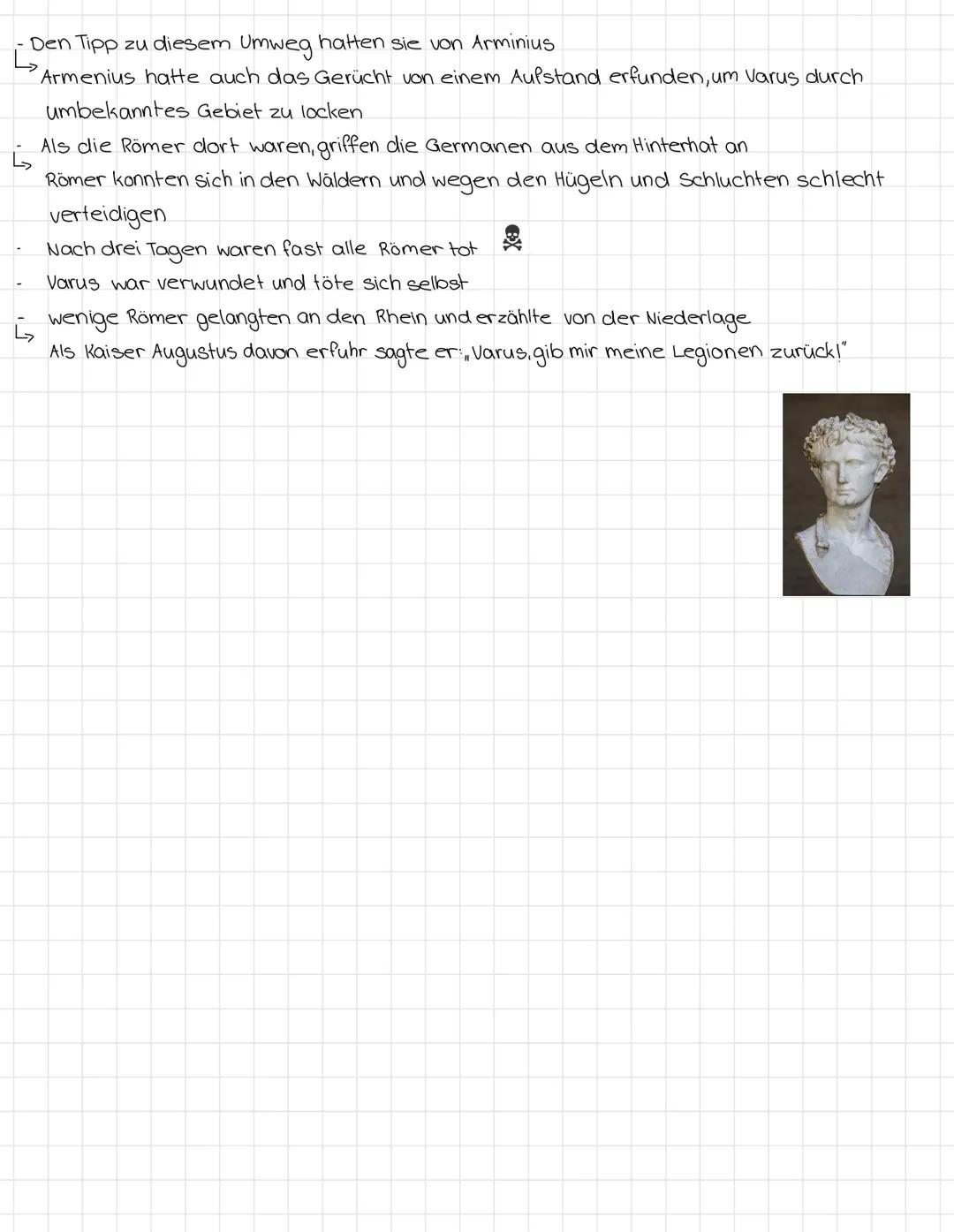 VARUSSCHLACHT
↓
bennant ist die Schlacht nach dem Anführer der Römer,
Publius Quinctilius Varus
Schlacht im Teutoburger Wald"
Ursache:
- var