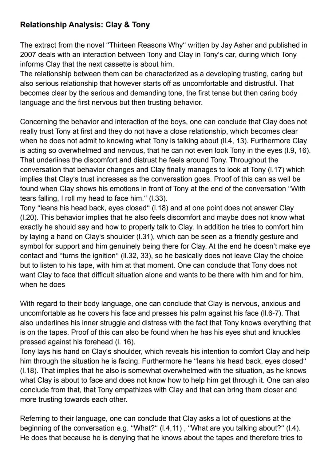Relationship Analysis: Clay & Tony
The extract from the novel "Thirteen Reasons Why" written by Jay Asher and published in
2007 deals with a
