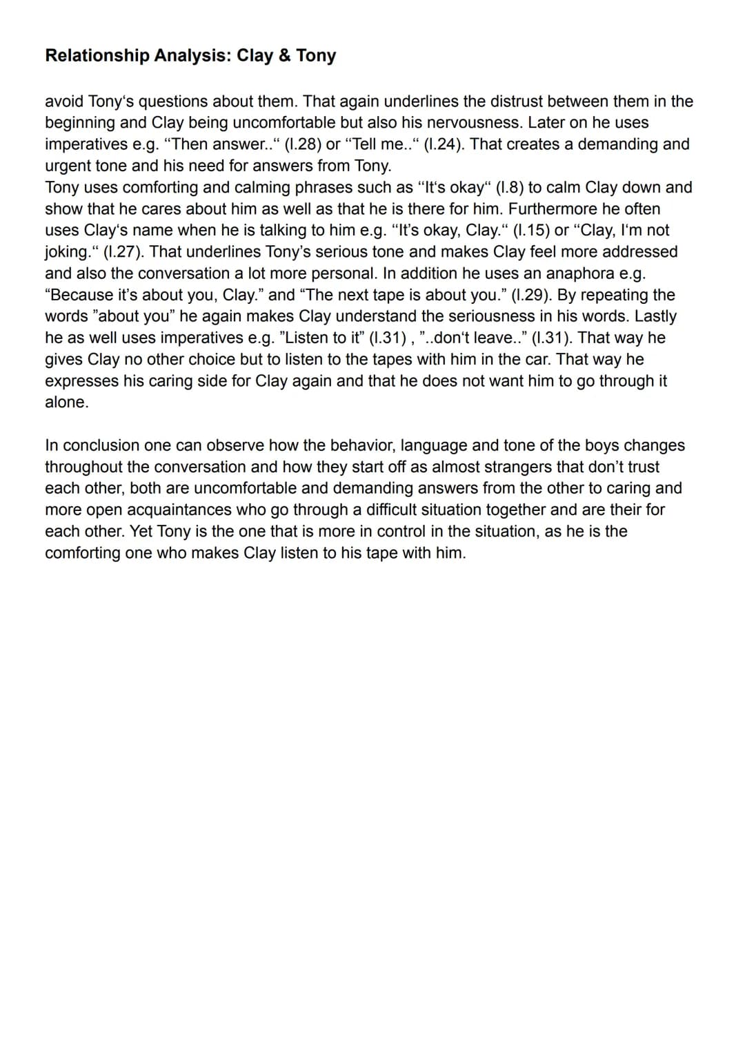 Relationship Analysis: Clay & Tony
The extract from the novel "Thirteen Reasons Why" written by Jay Asher and published in
2007 deals with a