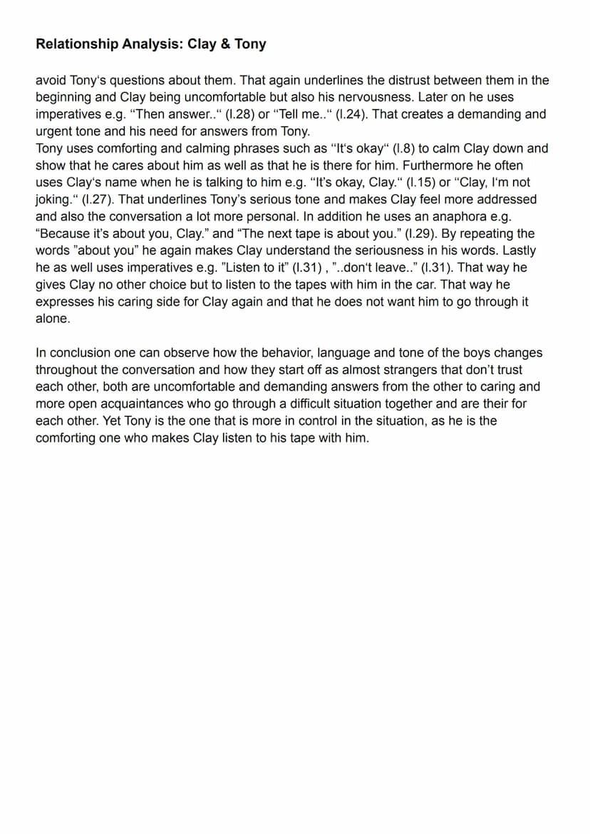 Relationship Analysis: Clay & Tony
The extract from the novel "Thirteen Reasons Why" written by Jay Asher and published in
2007 deals with a