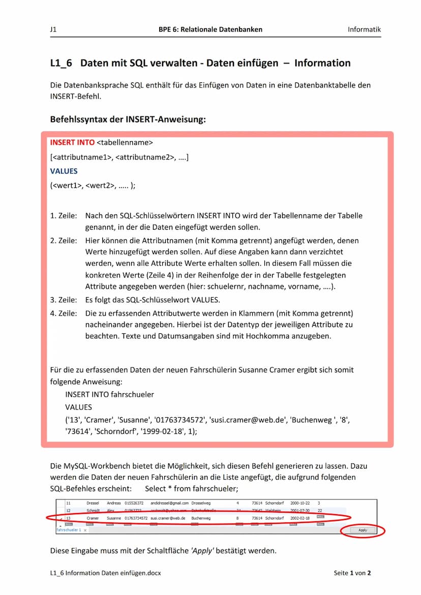 Informatik Lemzettel 1
1. Grundbegriffe
Datensatz:
Attribut:
Mehrere Datenfelder einer Datenbanktabelle, die Informationen zu einem
Datenobj