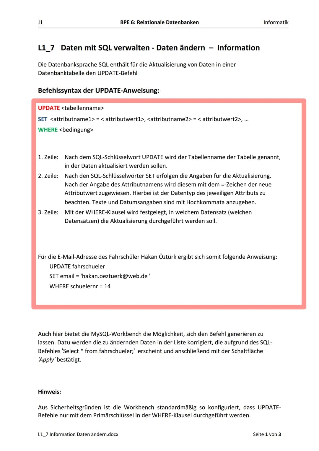 Informatik Lemzettel 1
1. Grundbegriffe
Datensatz:
Attribut:
Mehrere Datenfelder einer Datenbanktabelle, die Informationen zu einem
Datenobj