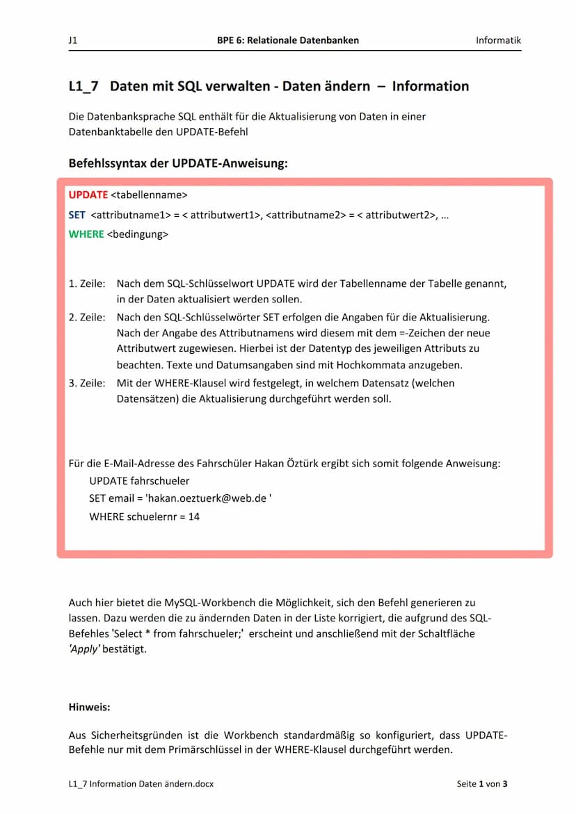 Informatik Lemzettel 1
1. Grundbegriffe
Datensatz:
Attribut:
Mehrere Datenfelder einer Datenbanktabelle, die Informationen zu einem
Datenobj