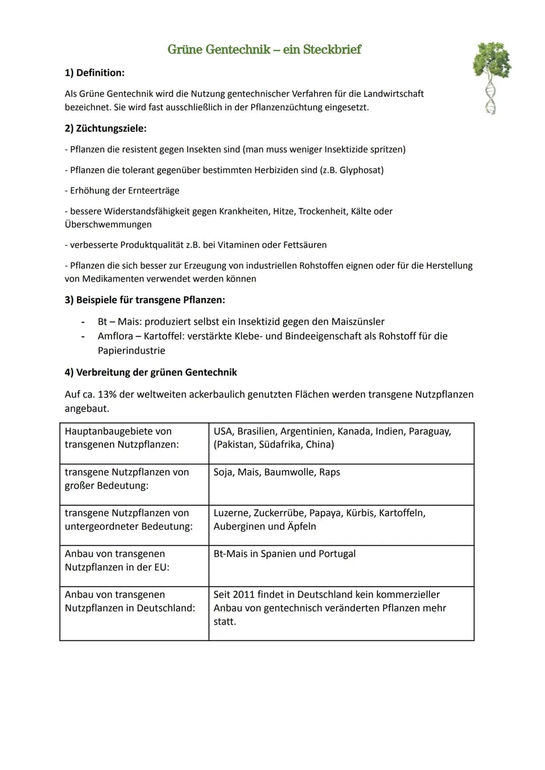 Grüne Gentechnik - ein Steckbrief
1) Definition:
Als Grüne Gentechnik wird die Nutzung gentechnischer Verfahren für die Landwirtschaft
bezei
