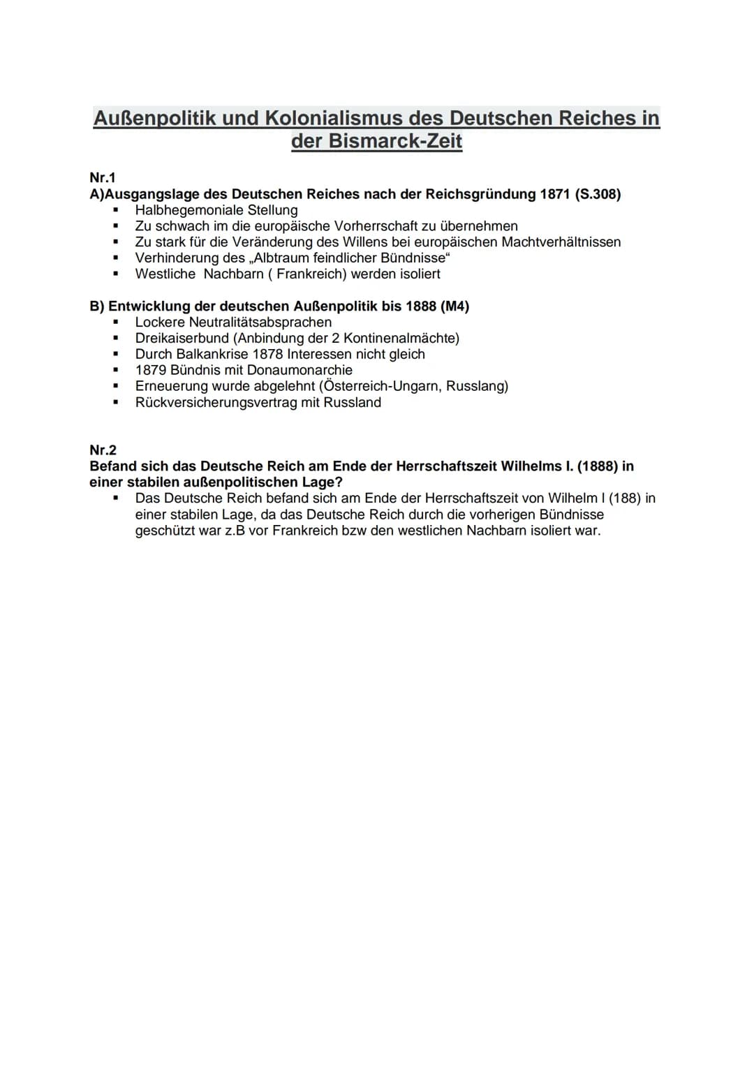Außenpolitik und Kolonialismus des Deutschen Reiches in
der Bismarck-Zeit
Nr.1
A)Ausgangslage des Deutschen Reiches nach der Reichsgründung 