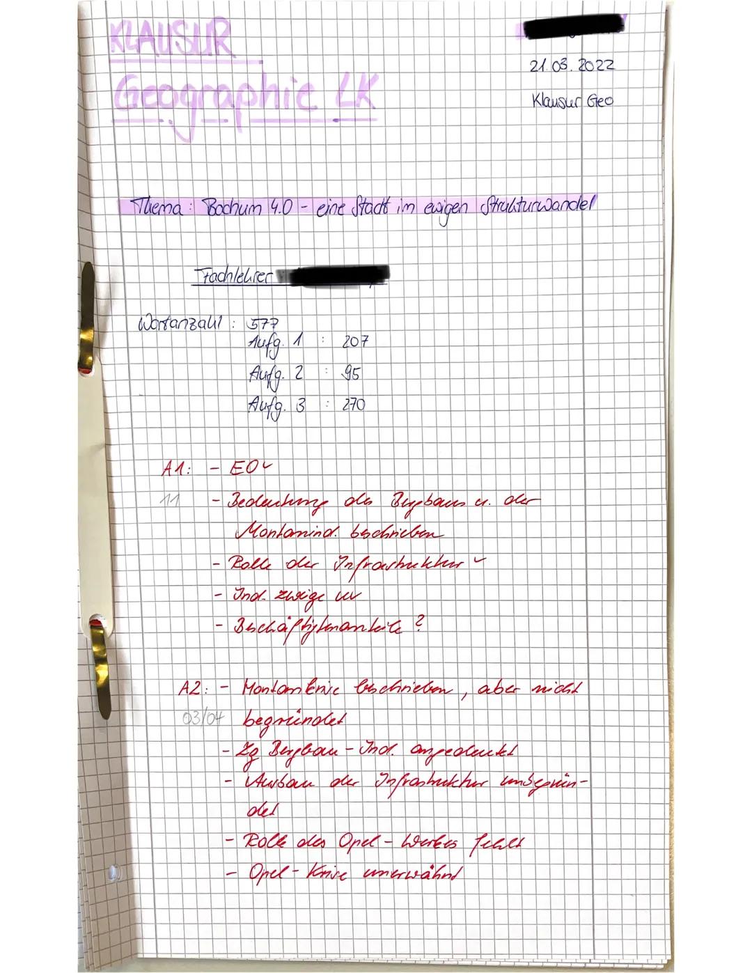 KLAUSTURE
Geographic (K
Thema: Bochum 4.0 - eine Stadt im
Fachlehrer
Wortanzahl: 577
Aufg
A1:
X11
1 :
207
Aufg. 2
95
Aufg. 3 : 270
- EO
-Bed