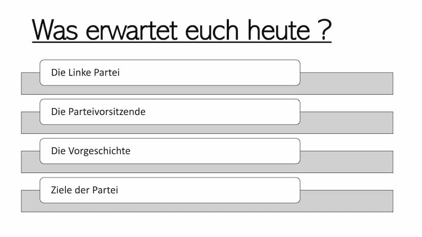 DIE LINKE. Was erwartet euch heute ?
Die Linke Partei
Die Parteivorsitzende
Die Vorgeschichte
Ziele der Partei Die Linke Partei
Gründung →16