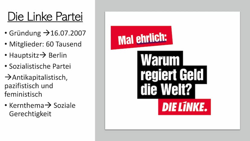 DIE LINKE. Was erwartet euch heute ?
Die Linke Partei
Die Parteivorsitzende
Die Vorgeschichte
Ziele der Partei Die Linke Partei
Gründung →16