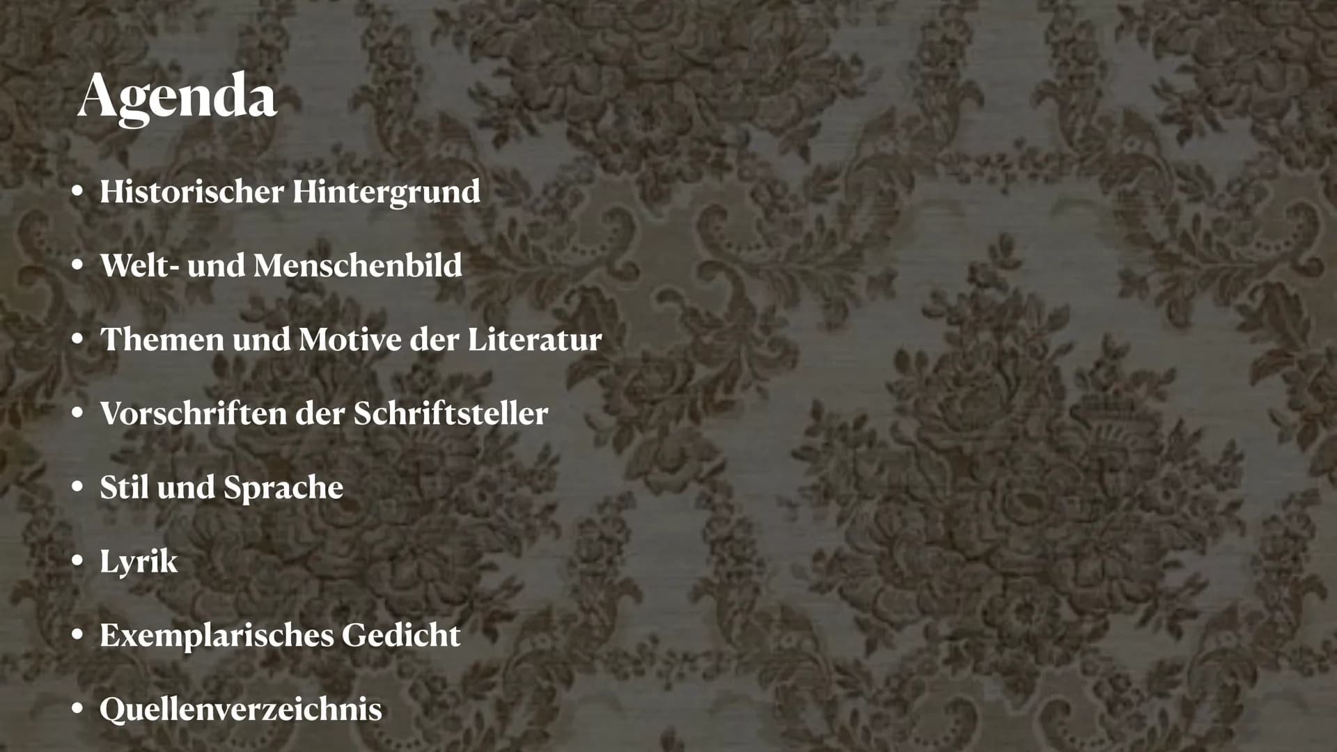 BAROCK
1600-1700
Zeitspanne tiefer Widersprüche
PRÄSENTIERT VON MELEK KAPLAN Agenda
Historischer Hintergrund
• Welt- und Menschenbild
• Vors
