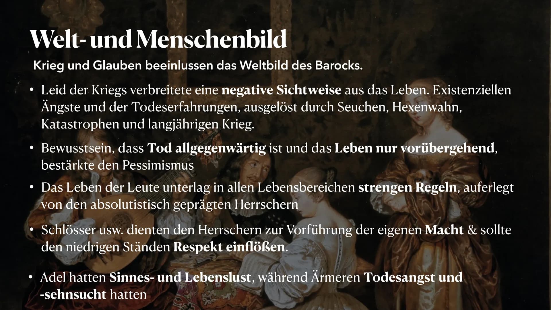BAROCK
1600-1700
Zeitspanne tiefer Widersprüche
PRÄSENTIERT VON MELEK KAPLAN Agenda
Historischer Hintergrund
• Welt- und Menschenbild
• Vors