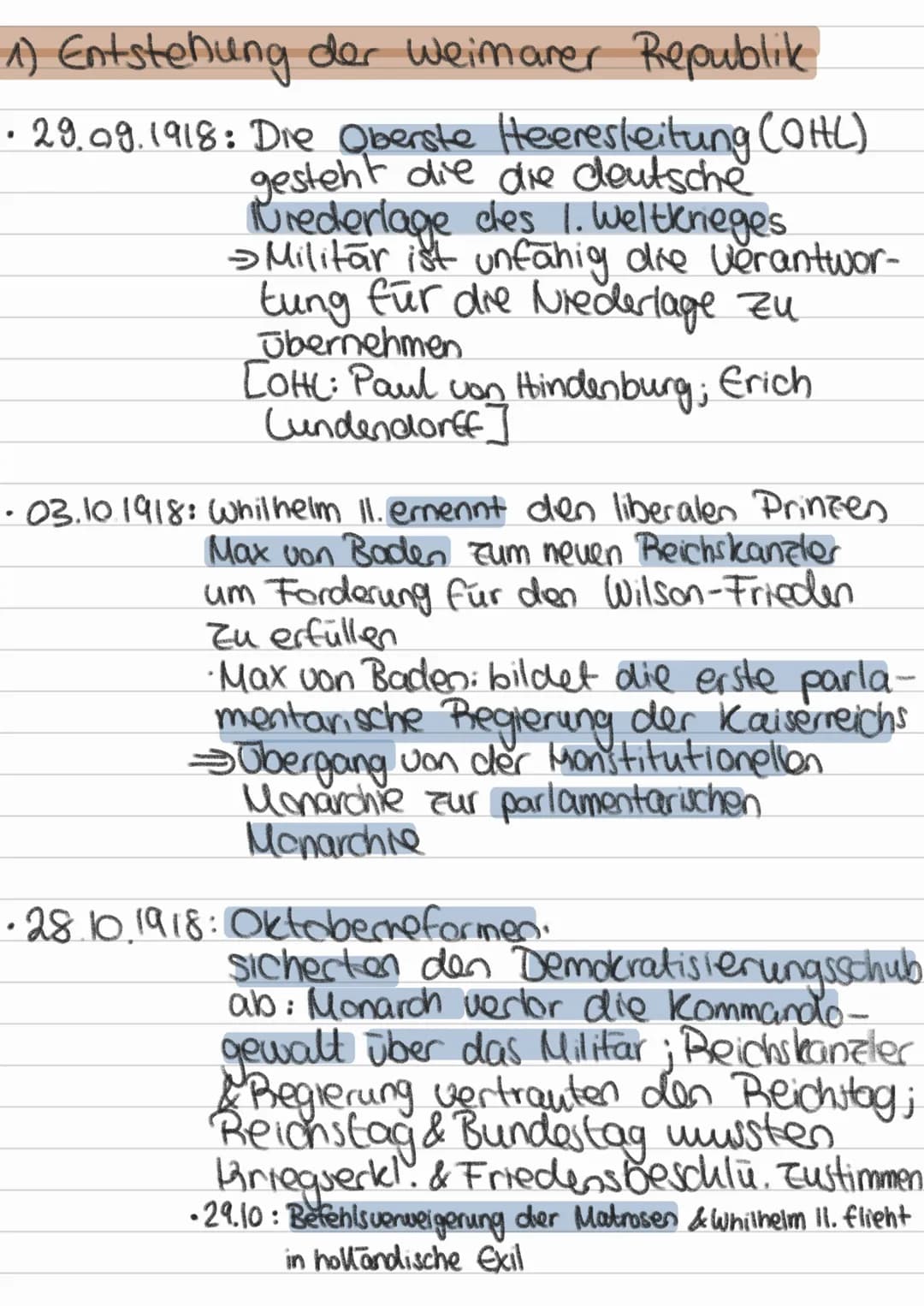 1) Entstehung der Weimarer Republik
• 29.09. 1918: Die Oberste Heeresleitung (OHL)
gesteht die die deutsche
Purederlage des 1. Weltkrieges
>