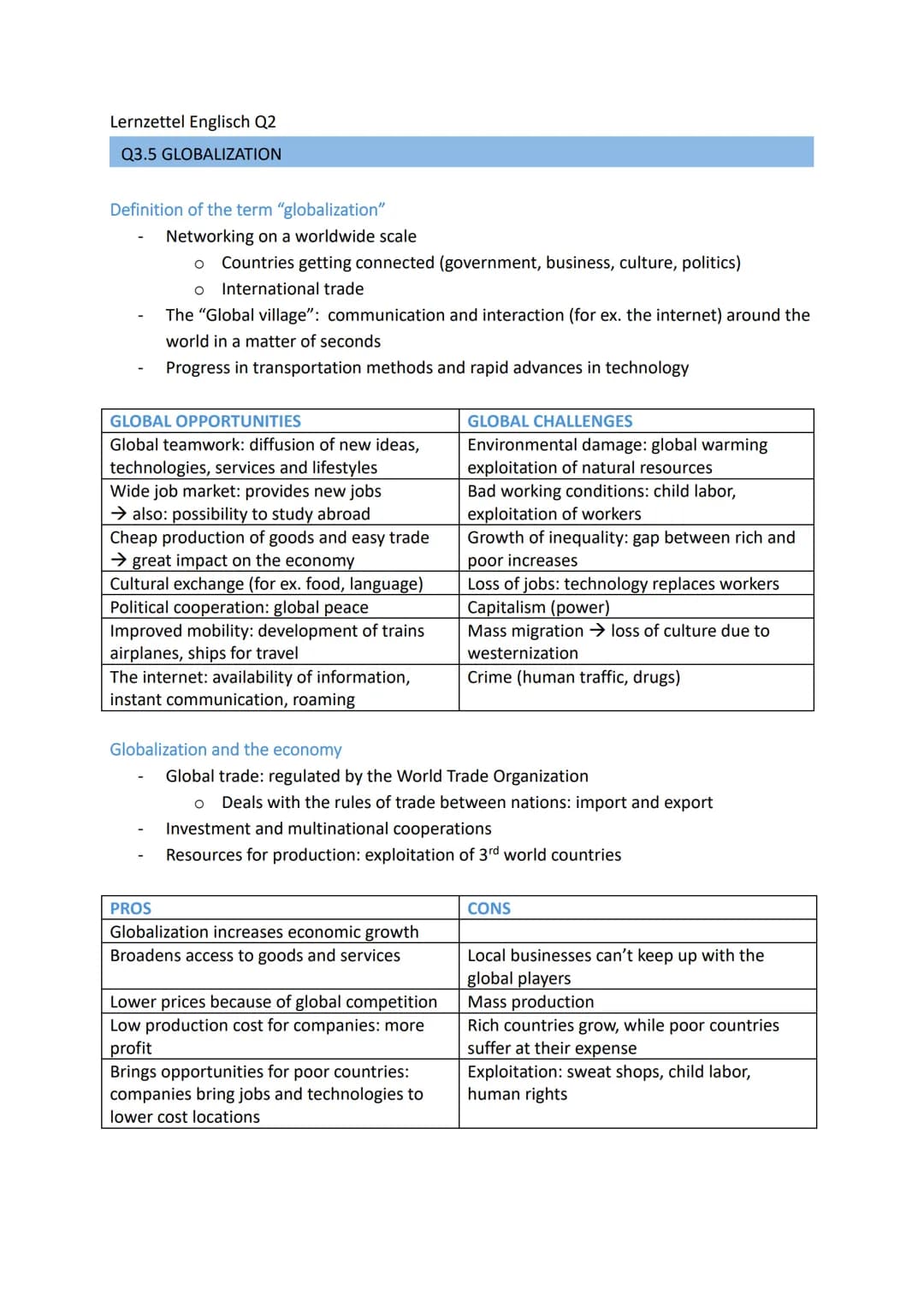 Lernzettel Englisch Q2
Q3.5 GLOBALIZATION
Definition of the term "globalization"
Networking on a worldwide scale
° Countries getting connect