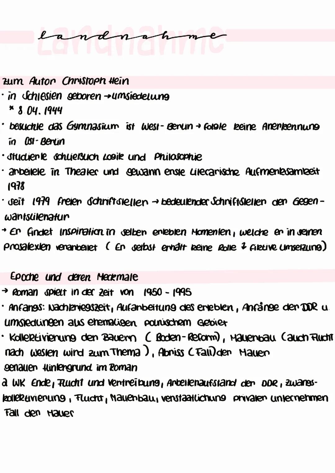 Landnahme von Christoph Hein: Zusammenfassungen und Figurenkonstellation