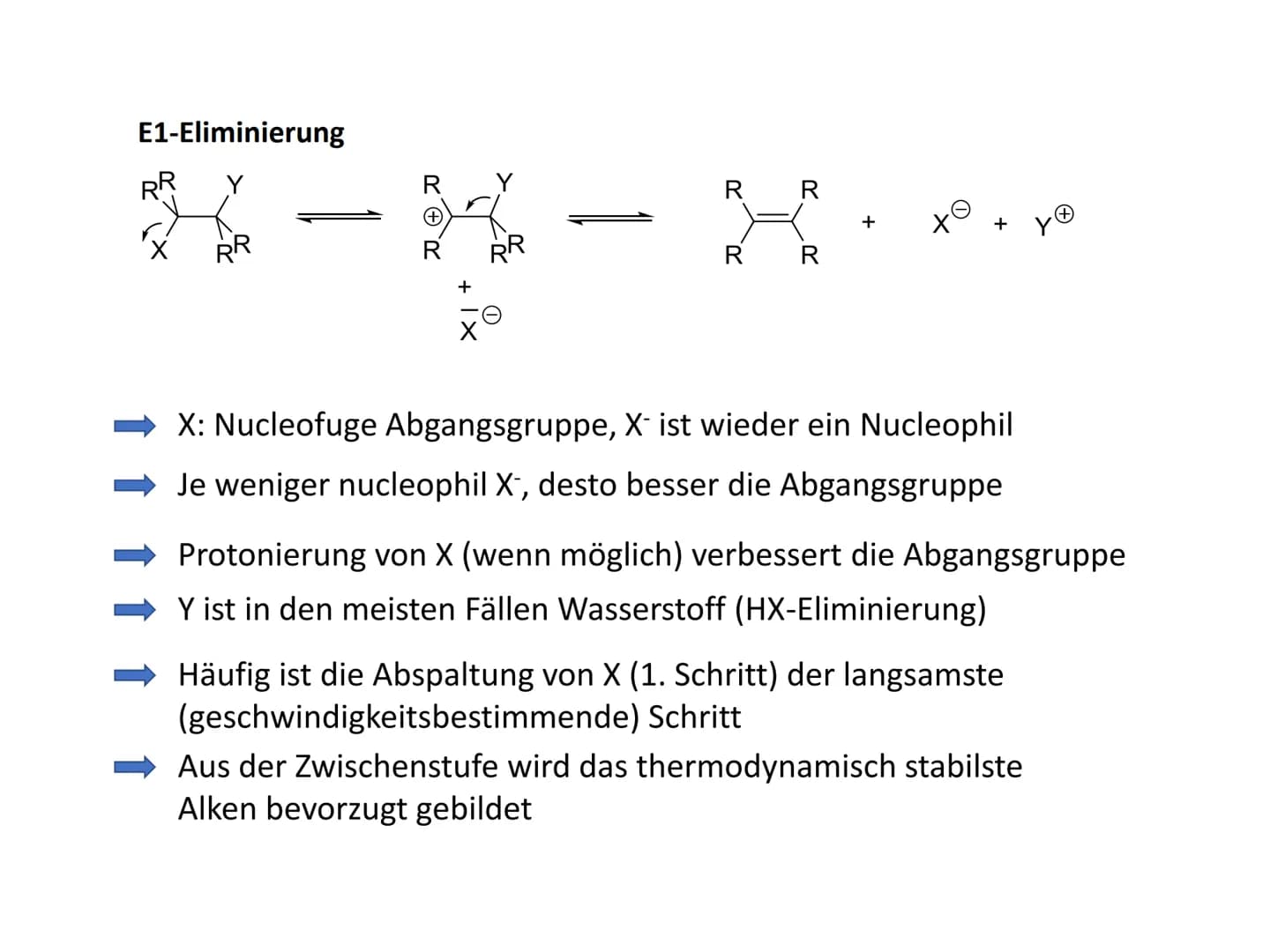 Reaktionsmechanismen
- Eliminierung zu C-C-Doppelbindungen
Allgemeines Reaktionsschema:
RR Y
RR
X
R R
R R
xo
Eliminierung ist formal die Umk