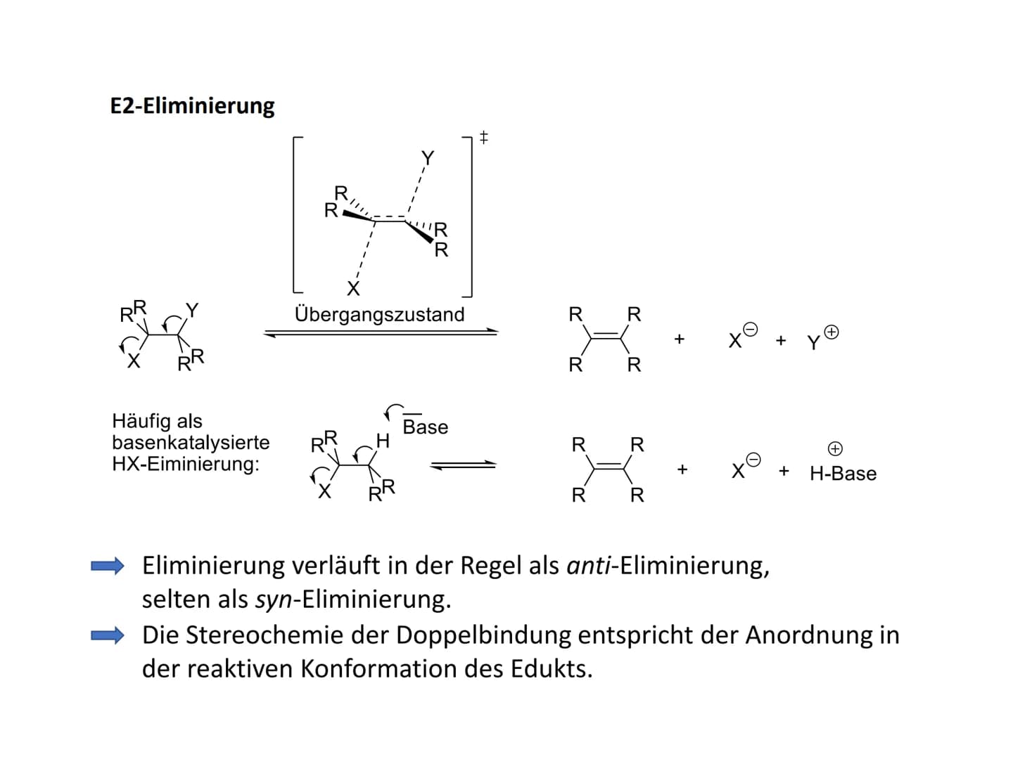 Reaktionsmechanismen
- Eliminierung zu C-C-Doppelbindungen
Allgemeines Reaktionsschema:
RR Y
RR
X
R R
R R
xo
Eliminierung ist formal die Umk