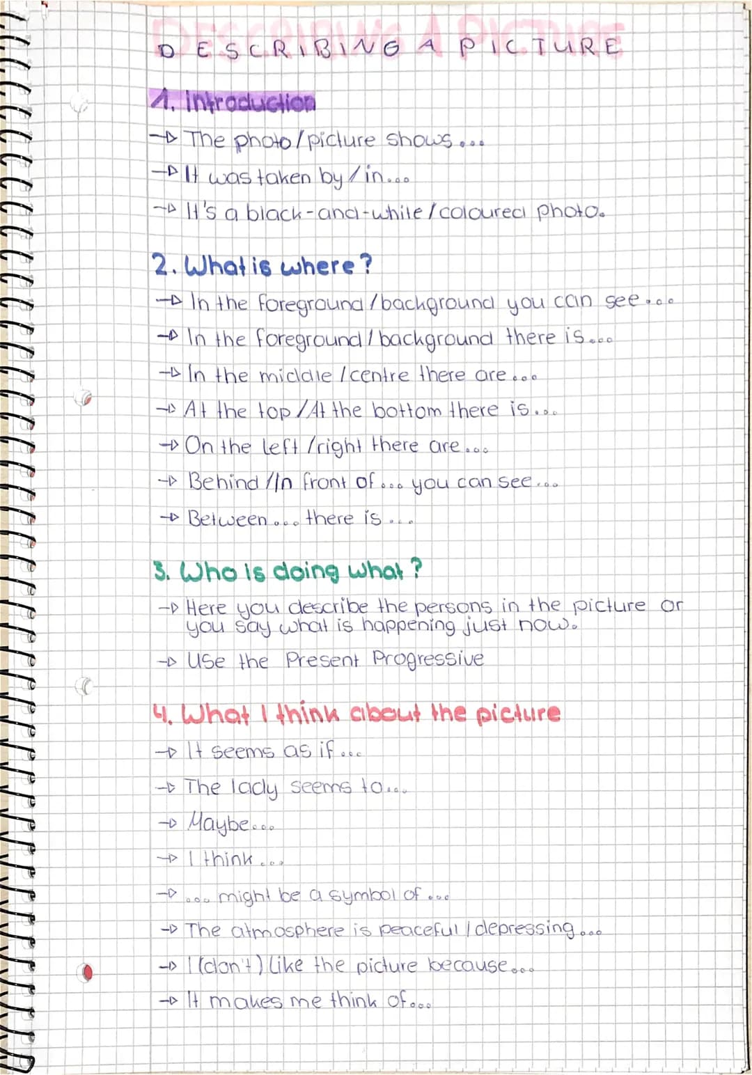@
DESCRIBING A PICTURE
1. Introduction
The photo/picture shows...
-P It was taken by /in...
- It's a black-and-white/coloured photo..
2. Wha