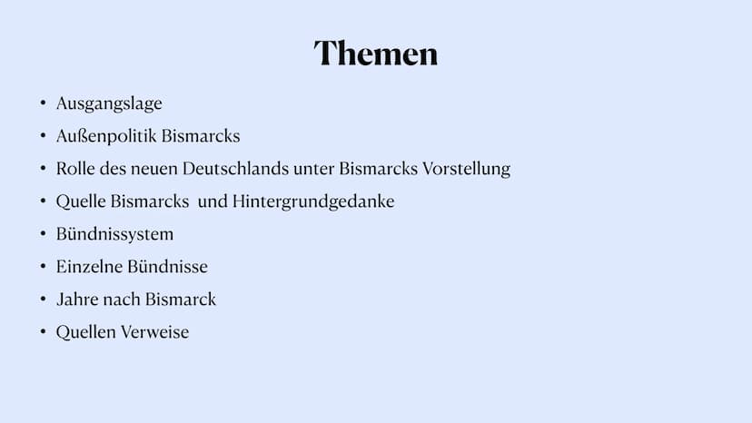 Bismarcks Bündnissystem
Otto von Bismarck
Malena Trapp, 5.1.22 ●
●
●
●
Bündnissystem
●
• Einzelne Bündnisse
Ausgangslage
Außenpolitik Bismar