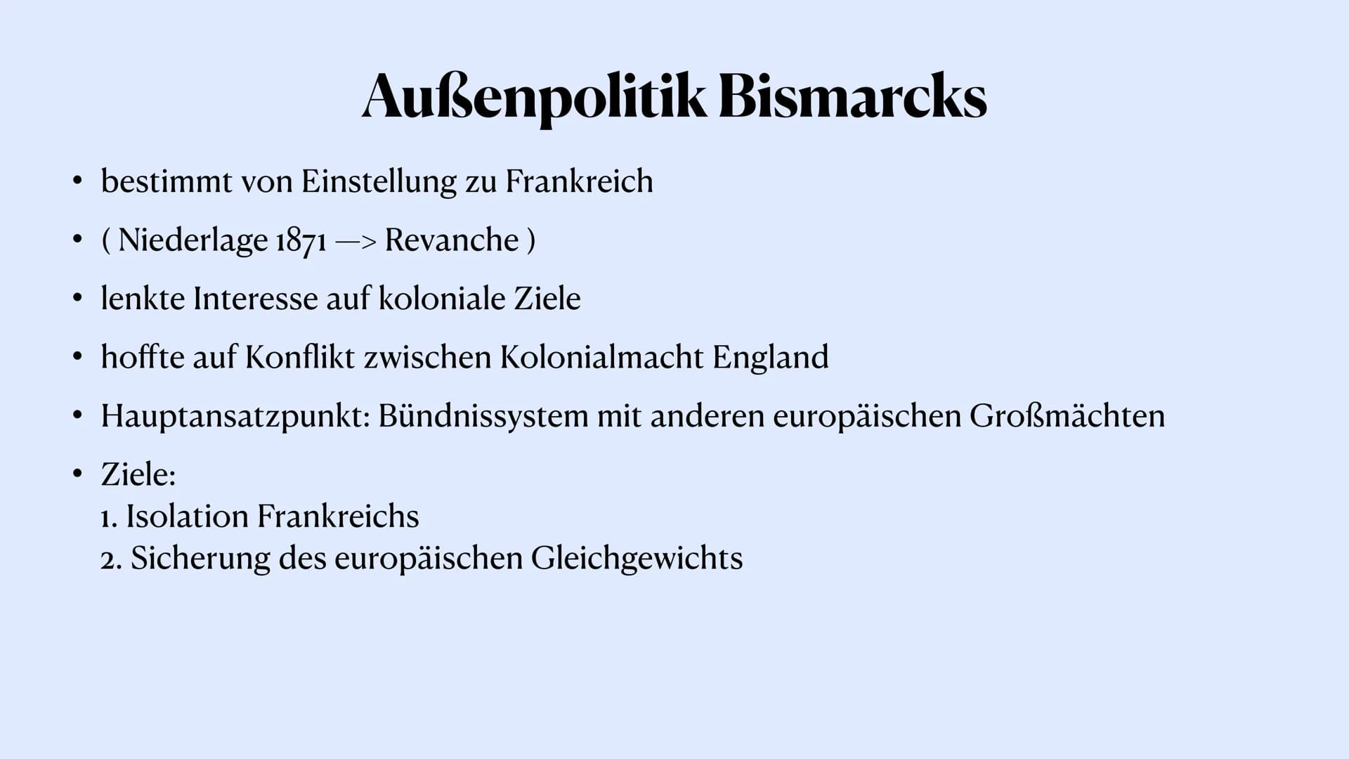 Bismarcks Bündnissystem
Otto von Bismarck
Malena Trapp, 5.1.22 ●
●
●
●
Bündnissystem
●
• Einzelne Bündnisse
Ausgangslage
Außenpolitik Bismar