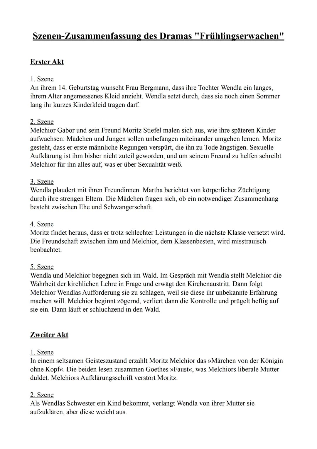 Szenen-Zusammenfassung des Dramas "Frühlingserwachen"
Erster Akt
1. Szene
An ihrem 14. Geburtstag wünscht Frau Bergmann, dass ihre Tochter W