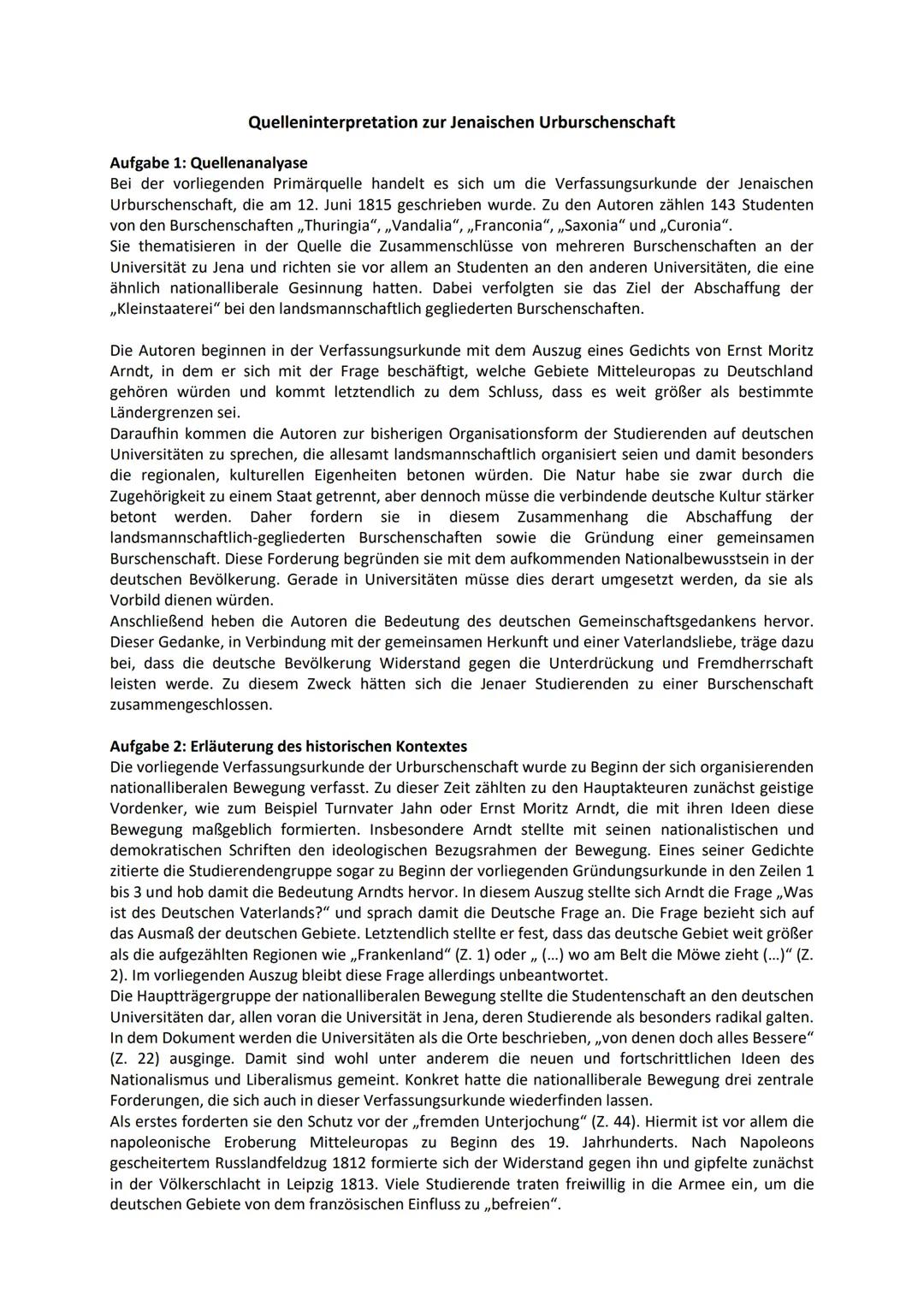 Quelleninterpretation zur Jenaischen Urburschenschaft

Aufgabe 1: Quellenanalyase
Bei der vorliegenden Primärquelle handelt es sich um die V
