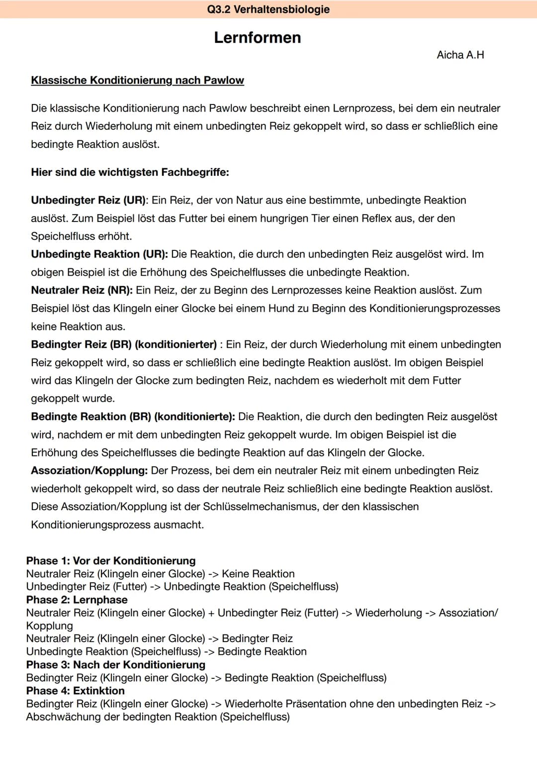 Q3.2 Verhaltensbiologie
Lernformen
Klassische Konditionierung nach Pawlow
Die klassische Konditionierung nach Pawlow beschreibt einen Lernpr