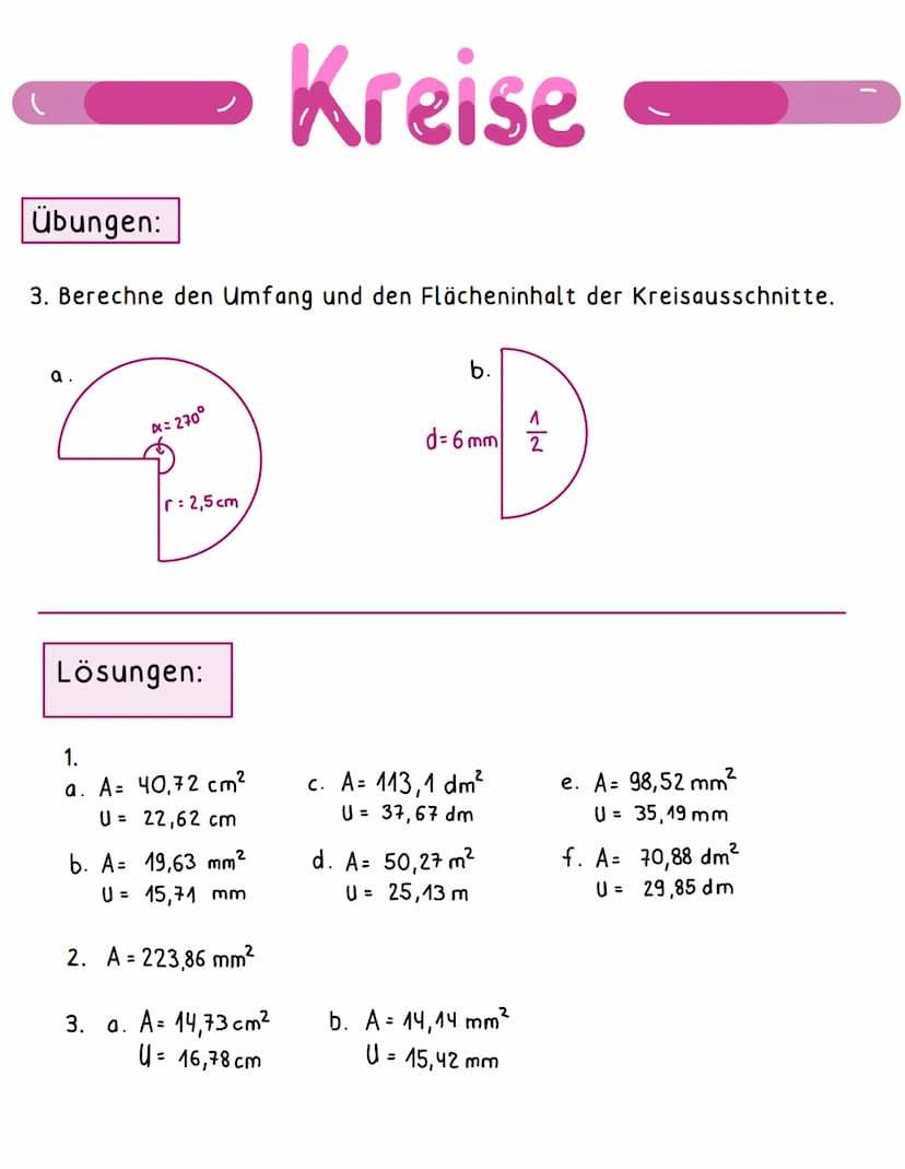 Den Umfang berechnen:
U = 2πr
Beispiel: r= 2cm
U = 2πr
U = 211-2
U = 12,57cm
Kreise
Kreisring berechnen:
2
A = πT. (ro² - ri²)
1. Beispiel r