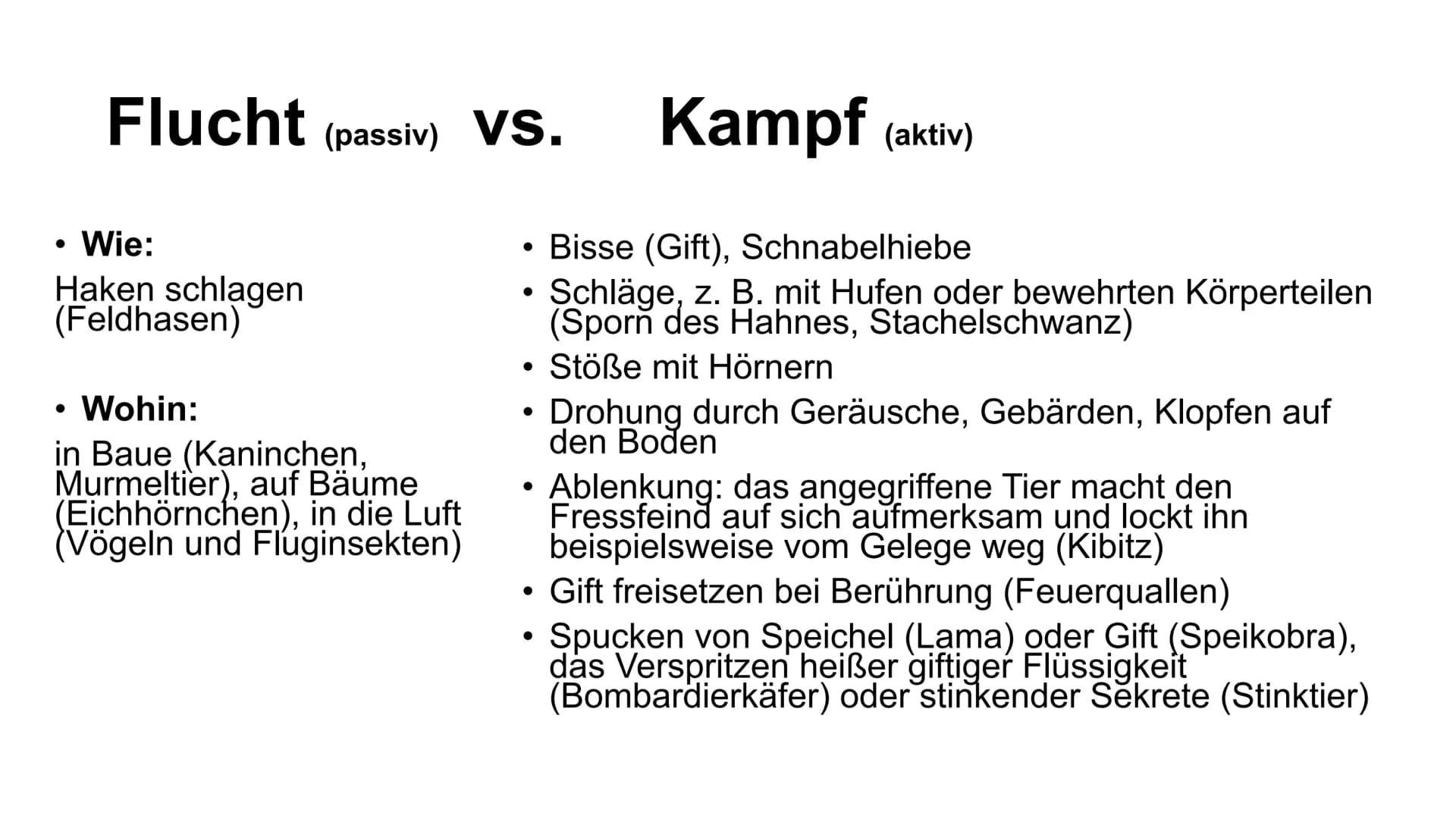 Verteidigungsstrategien -Flucht und Kampf
-Außenhülle
- Bewehrung
- Optische Abwehr
-Akustische Abwehr
- Chemische Abwehr
-Soziale Strategie