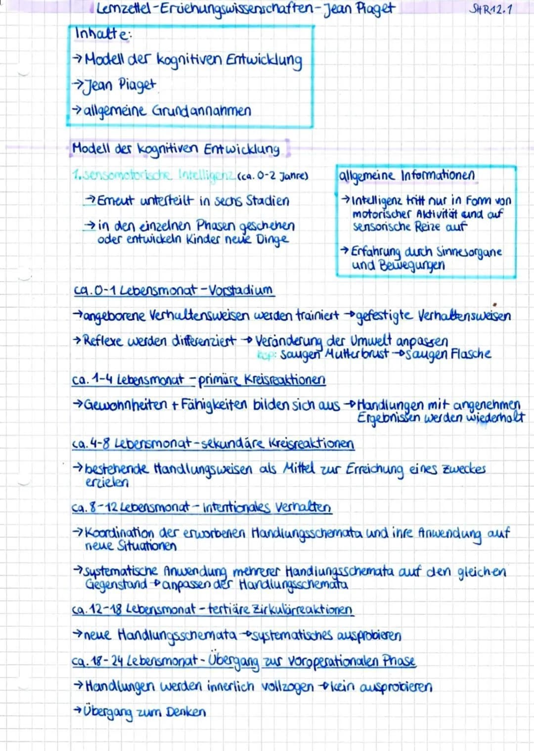 Lemzettel-Erdehungswissenschaften-Jean Piaget
Inhalte:
Modell der kognitiven Entwicklung
→→Jean Piaget
allgemeine Grund annahmen
Modell der 