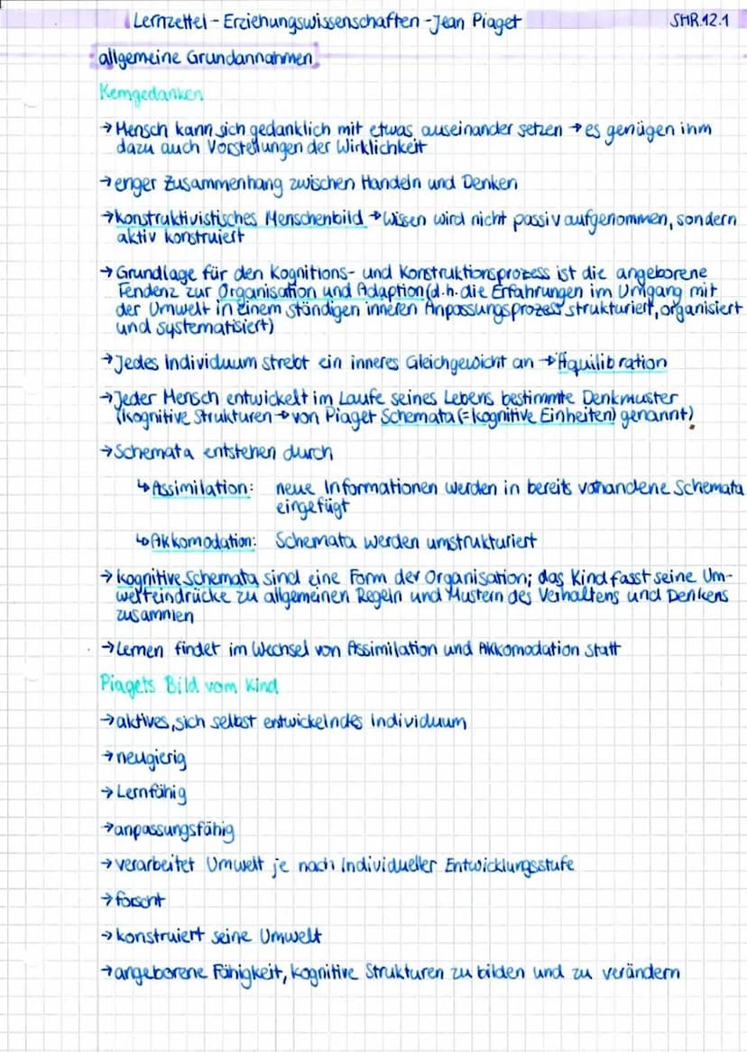 Lemzettel-Erdehungswissenschaften-Jean Piaget
Inhalte:
Modell der kognitiven Entwicklung
→→Jean Piaget
allgemeine Grund annahmen
Modell der 
