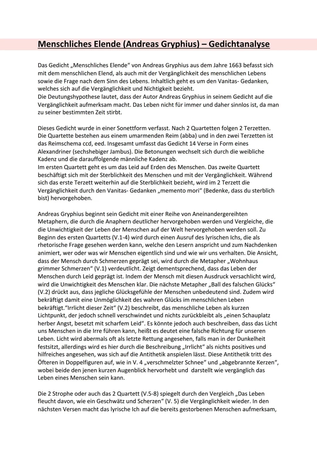 Menschliches Elende (Andreas Gryphius) - Gedichtanalyse
Das Gedicht ,,Menschliches Elende" von Andreas Gryphius aus dem Jahre 1663 befasst s