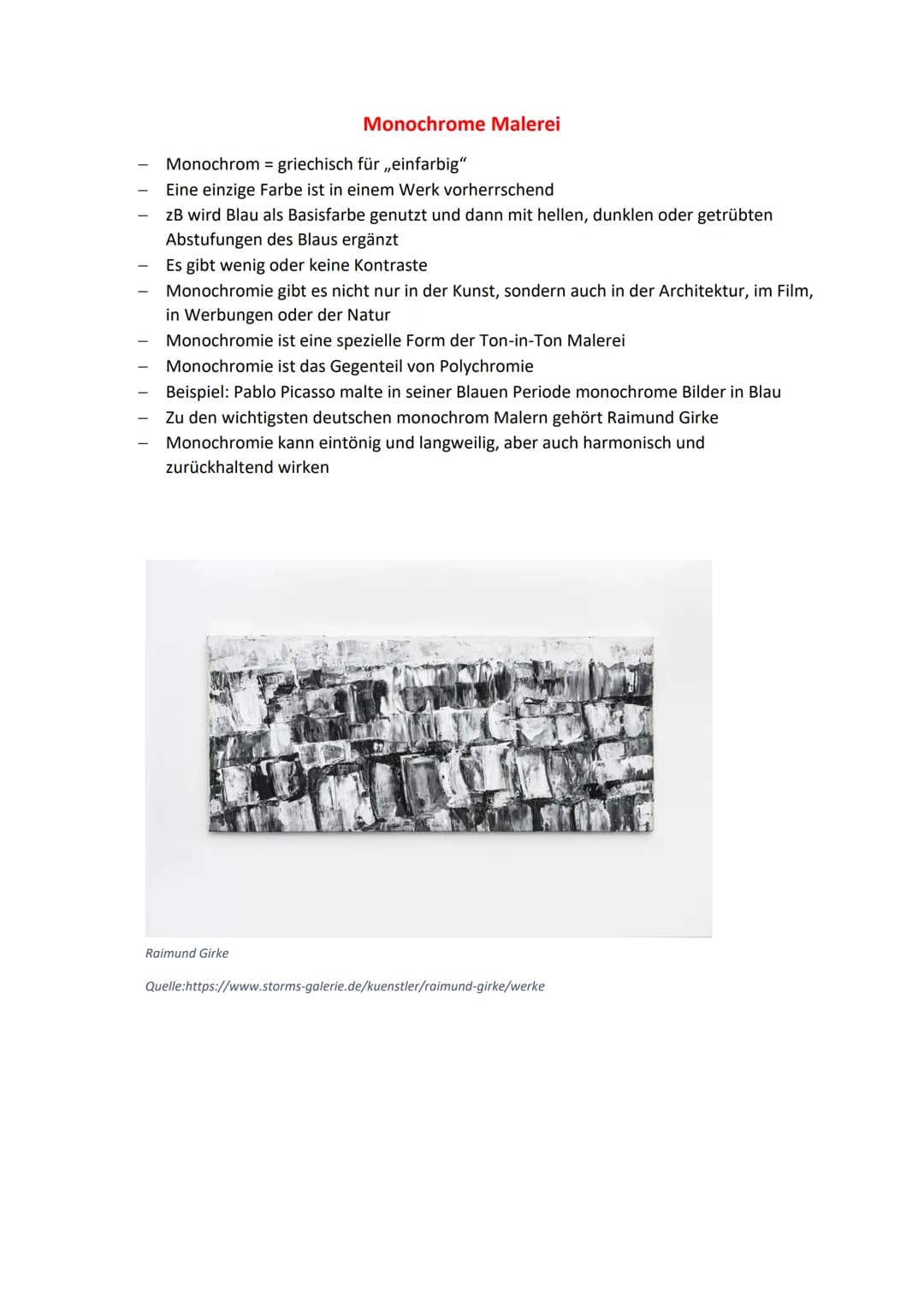 -
|||||
Monochrome Malerei
Monochrom = griechisch für „einfarbig"
Eine einzige Farbe ist in einem Werk vorherrschend
zB wird Blau als Basisf