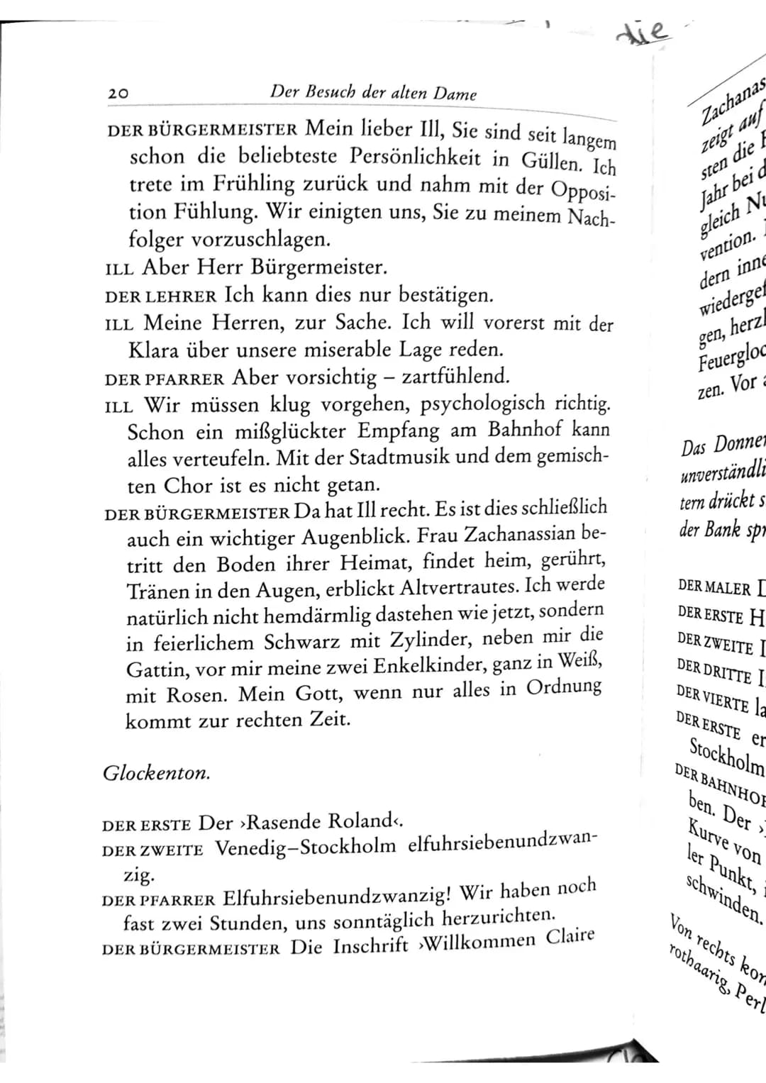 Die Besucher
Personen
Claire Zachanassian, geb. Wäscher
Multimillionärin (Armenian-Oil)
Ihre Gatten VII-IX
Der Butler
Toby } kaugummikauend
