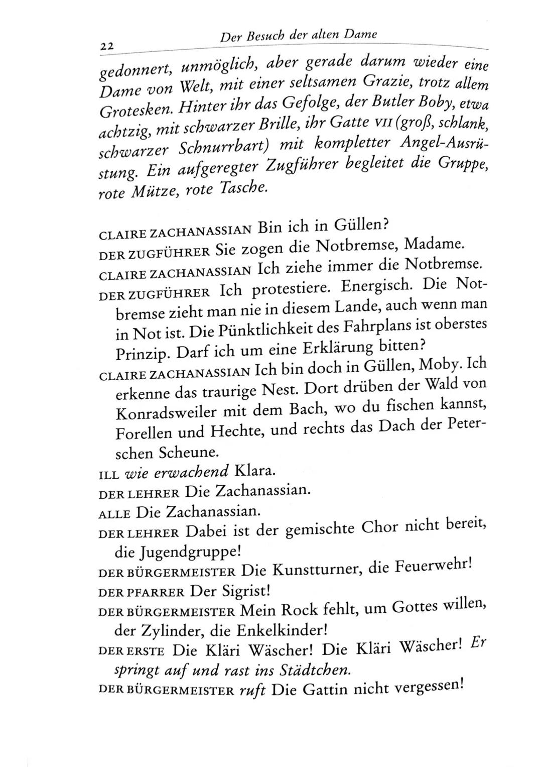 Die Besucher
Personen
Claire Zachanassian, geb. Wäscher
Multimillionärin (Armenian-Oil)
Ihre Gatten VII-IX
Der Butler
Toby } kaugummikauend
