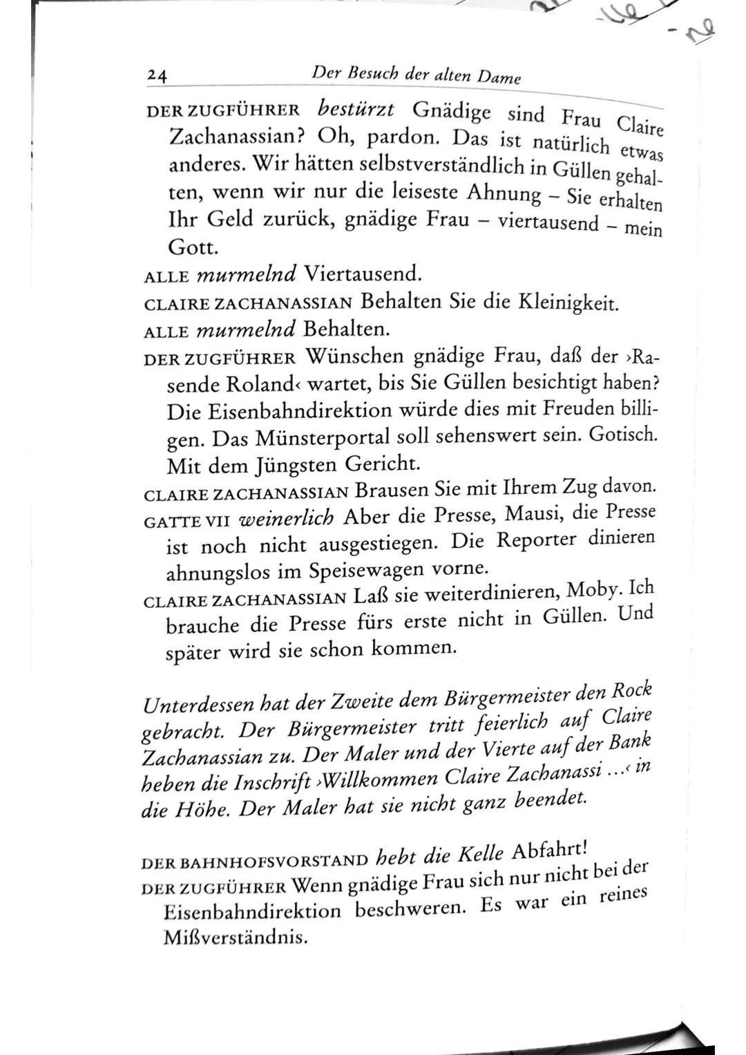 Die Besucher
Personen
Claire Zachanassian, geb. Wäscher
Multimillionärin (Armenian-Oil)
Ihre Gatten VII-IX
Der Butler
Toby } kaugummikauend
