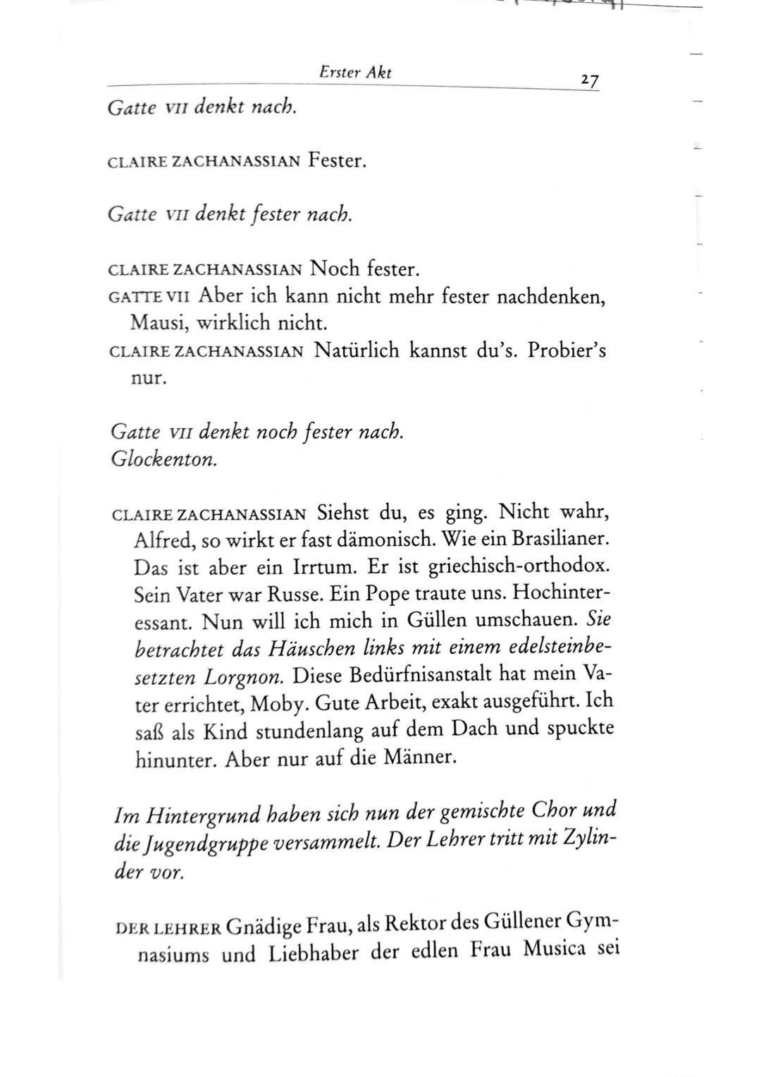 Die Besucher
Personen
Claire Zachanassian, geb. Wäscher
Multimillionärin (Armenian-Oil)
Ihre Gatten VII-IX
Der Butler
Toby } kaugummikauend
