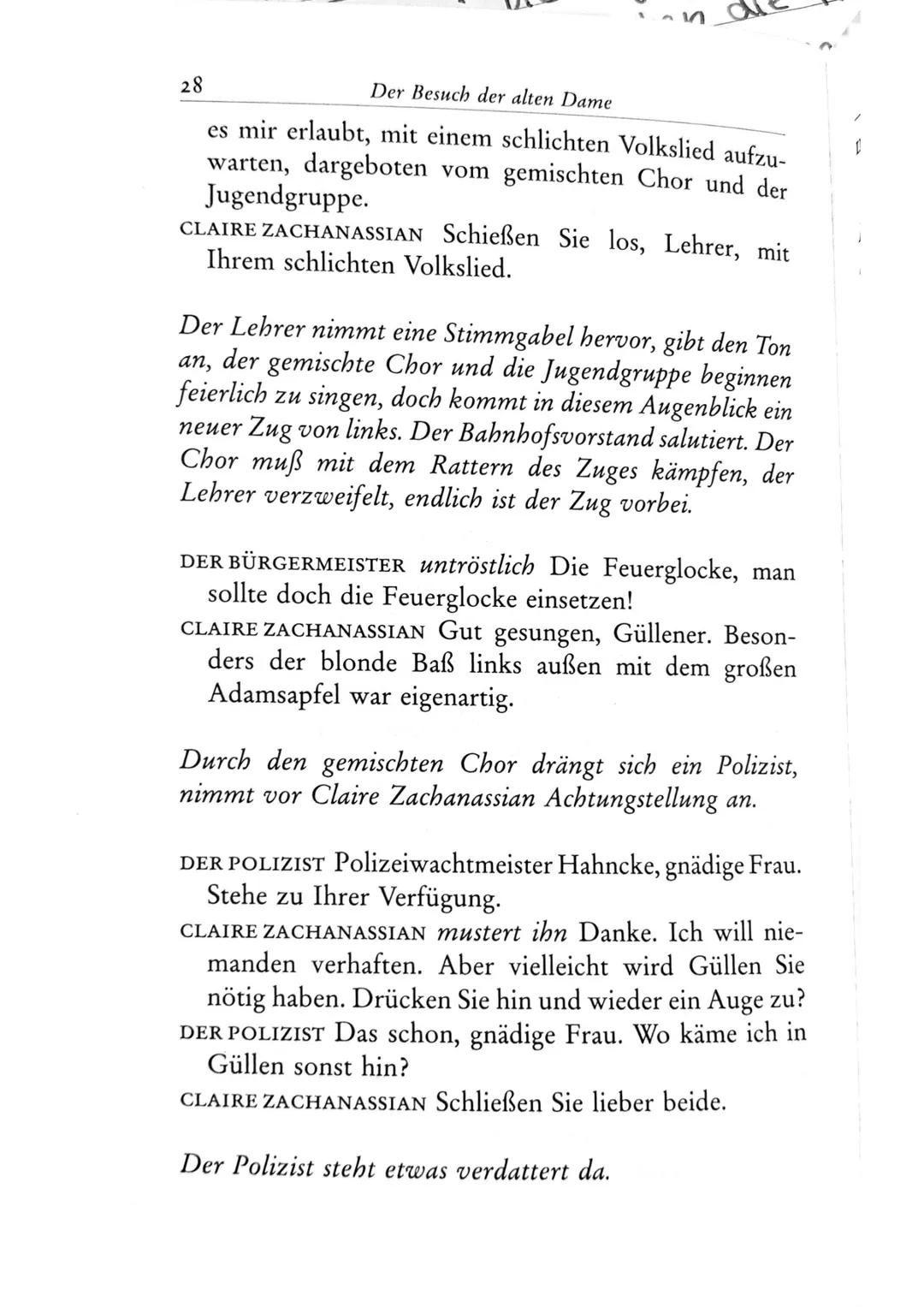 Die Besucher
Personen
Claire Zachanassian, geb. Wäscher
Multimillionärin (Armenian-Oil)
Ihre Gatten VII-IX
Der Butler
Toby } kaugummikauend
