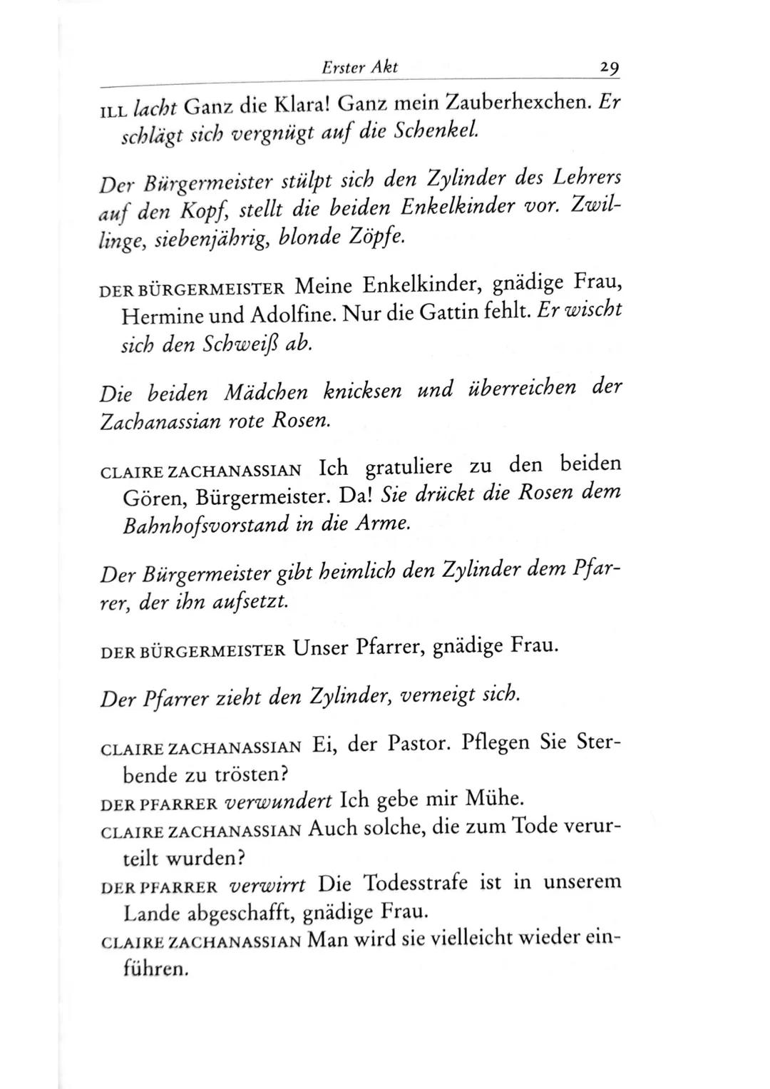 Die Besucher
Personen
Claire Zachanassian, geb. Wäscher
Multimillionärin (Armenian-Oil)
Ihre Gatten VII-IX
Der Butler
Toby } kaugummikauend
