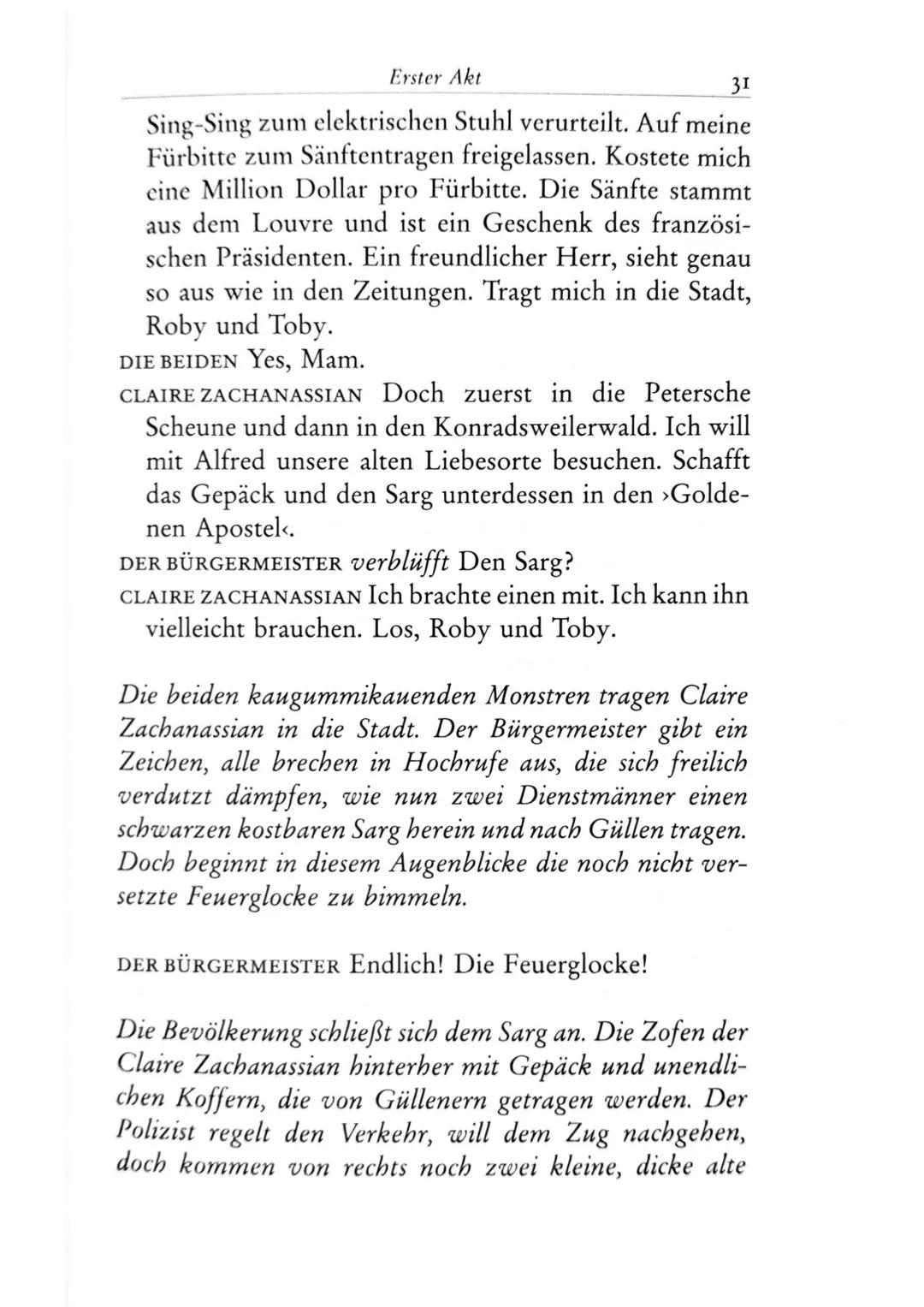 Die Besucher
Personen
Claire Zachanassian, geb. Wäscher
Multimillionärin (Armenian-Oil)
Ihre Gatten VII-IX
Der Butler
Toby } kaugummikauend
