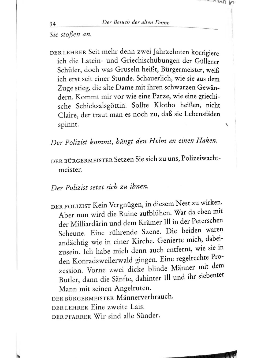 Die Besucher
Personen
Claire Zachanassian, geb. Wäscher
Multimillionärin (Armenian-Oil)
Ihre Gatten VII-IX
Der Butler
Toby } kaugummikauend
