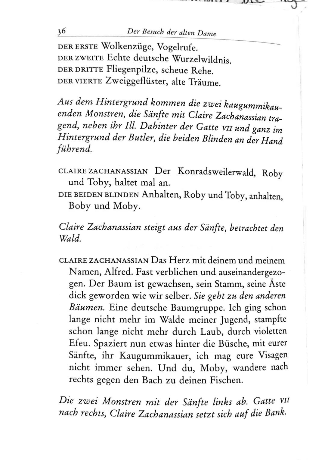 Die Besucher
Personen
Claire Zachanassian, geb. Wäscher
Multimillionärin (Armenian-Oil)
Ihre Gatten VII-IX
Der Butler
Toby } kaugummikauend
