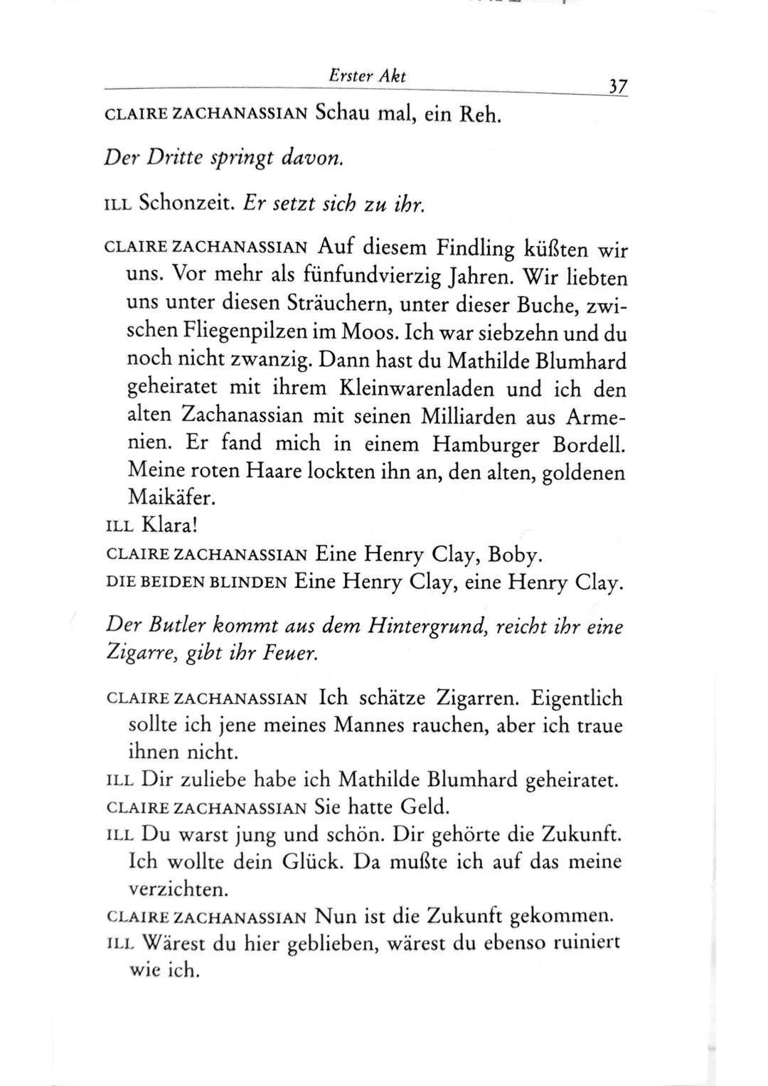 Die Besucher
Personen
Claire Zachanassian, geb. Wäscher
Multimillionärin (Armenian-Oil)
Ihre Gatten VII-IX
Der Butler
Toby } kaugummikauend
