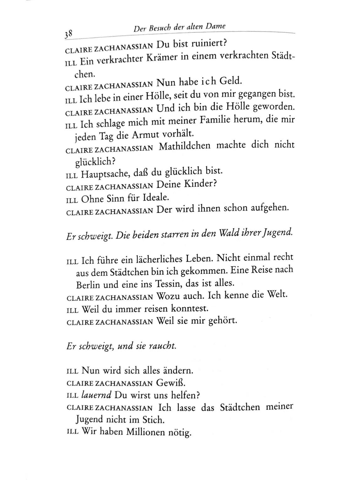 Die Besucher
Personen
Claire Zachanassian, geb. Wäscher
Multimillionärin (Armenian-Oil)
Ihre Gatten VII-IX
Der Butler
Toby } kaugummikauend
