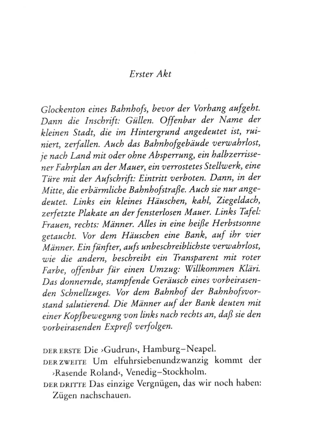 Die Besucher
Personen
Claire Zachanassian, geb. Wäscher
Multimillionärin (Armenian-Oil)
Ihre Gatten VII-IX
Der Butler
Toby } kaugummikauend
