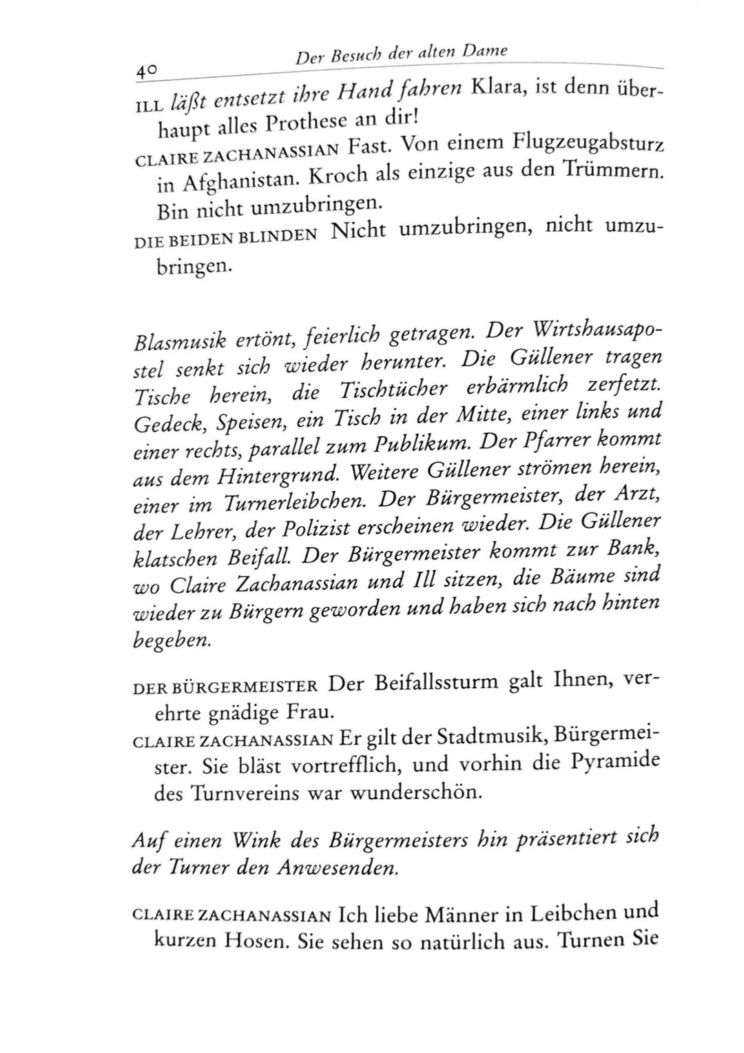 Die Besucher
Personen
Claire Zachanassian, geb. Wäscher
Multimillionärin (Armenian-Oil)
Ihre Gatten VII-IX
Der Butler
Toby } kaugummikauend
