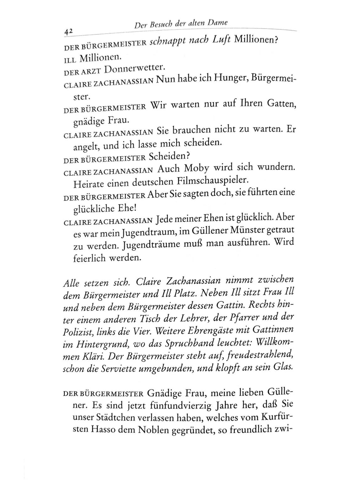 Die Besucher
Personen
Claire Zachanassian, geb. Wäscher
Multimillionärin (Armenian-Oil)
Ihre Gatten VII-IX
Der Butler
Toby } kaugummikauend
