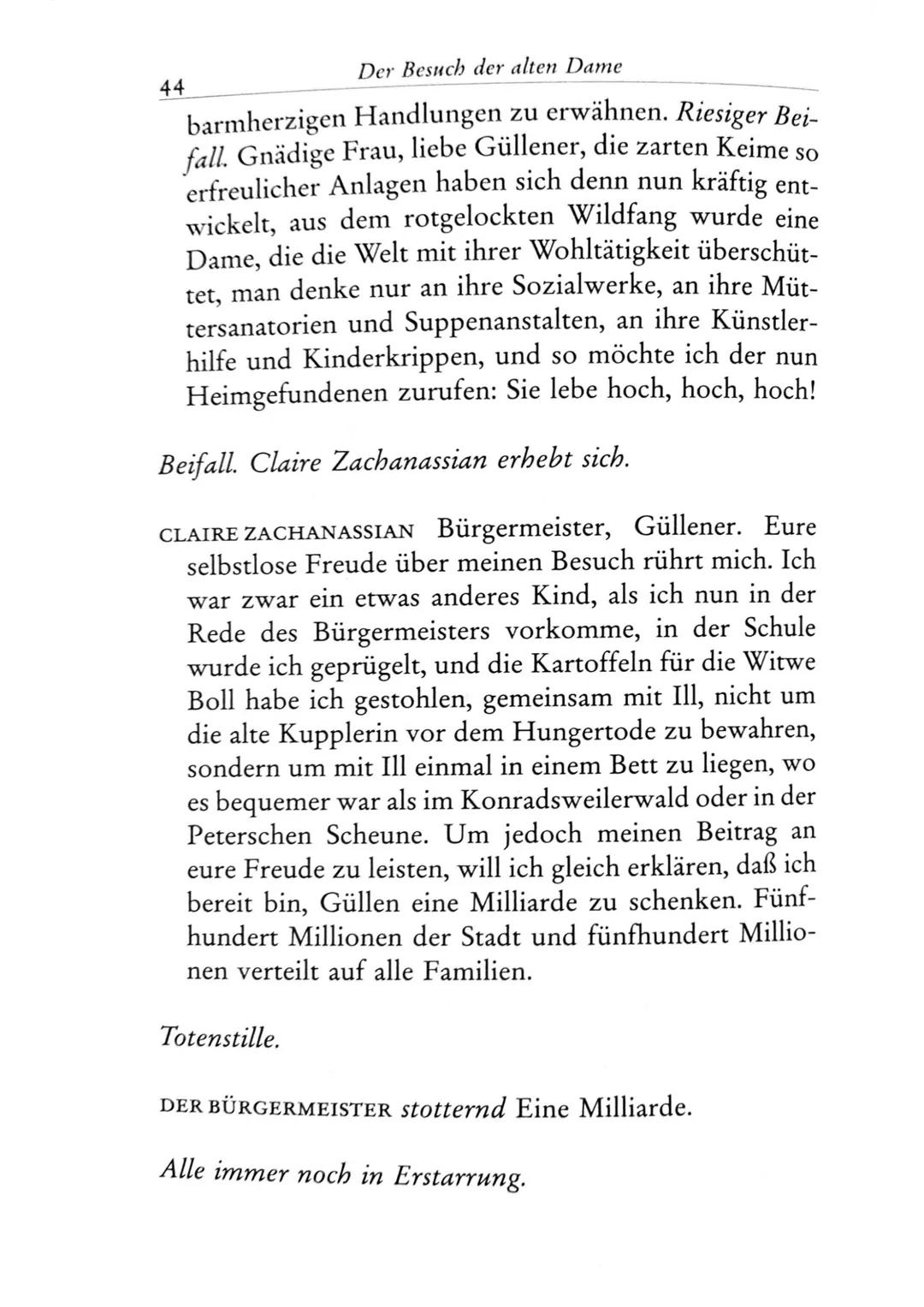 Die Besucher
Personen
Claire Zachanassian, geb. Wäscher
Multimillionärin (Armenian-Oil)
Ihre Gatten VII-IX
Der Butler
Toby } kaugummikauend
