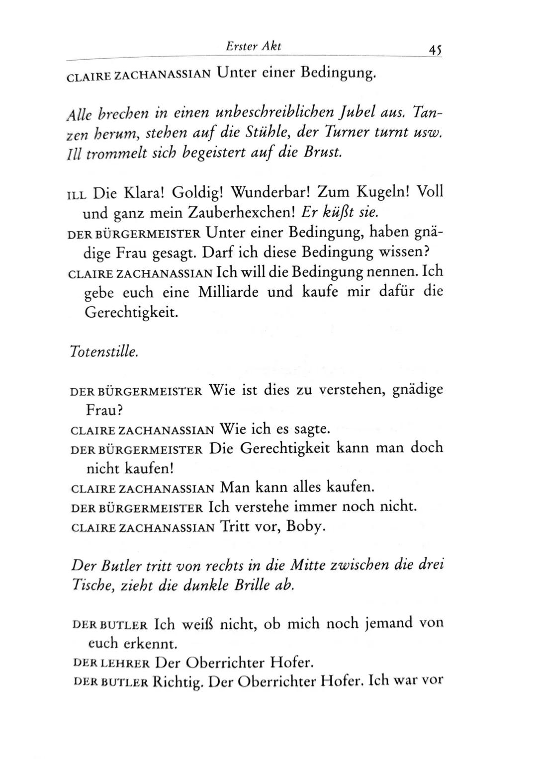 Die Besucher
Personen
Claire Zachanassian, geb. Wäscher
Multimillionärin (Armenian-Oil)
Ihre Gatten VII-IX
Der Butler
Toby } kaugummikauend
